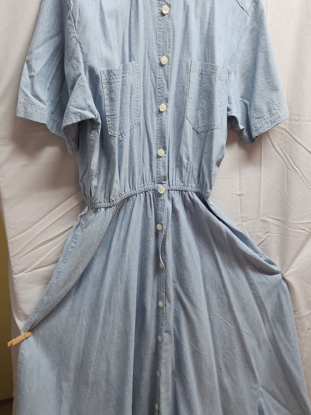 Light Blue Button-Front Maxi Dress with Elastic Waistband